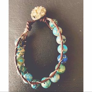 Handmade Leather and Turquoise Bracelet with Vintage Rhinestone Button